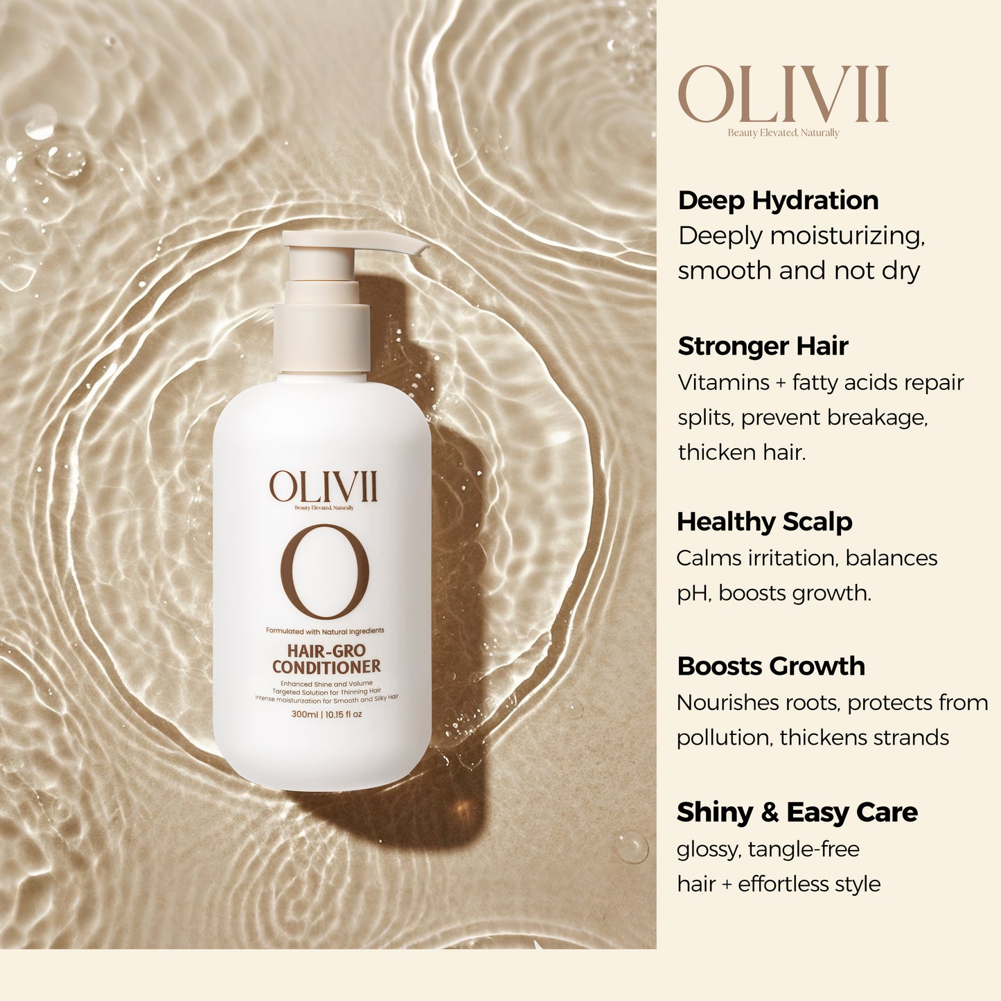OLIVII hair conditioner bottle with product benefits on a textured beige background