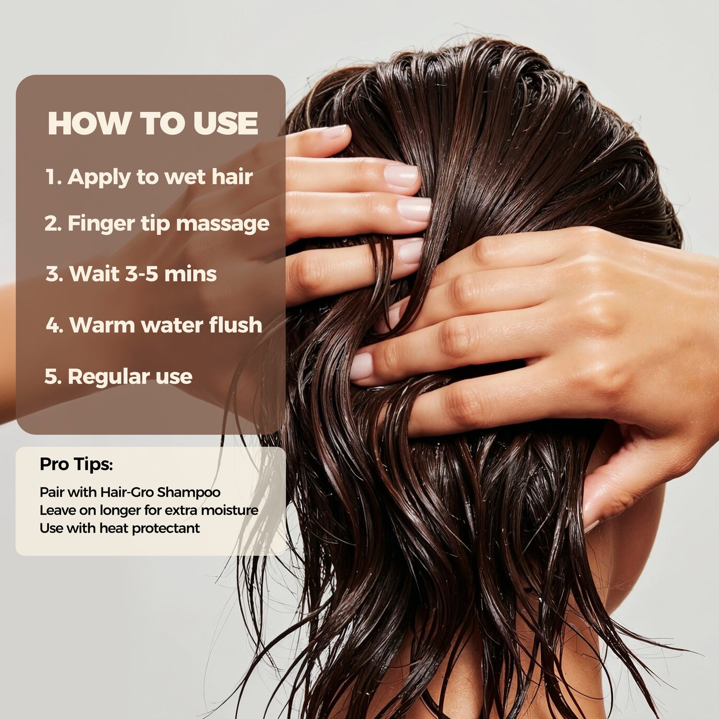 Person with wet hair being massaged, with instructions on how to use a product.