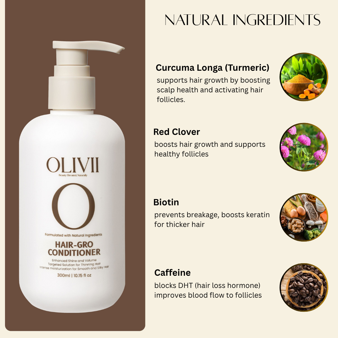 OLIVII hair conditioner bottle with natural ingredients listed on a brown and beige background