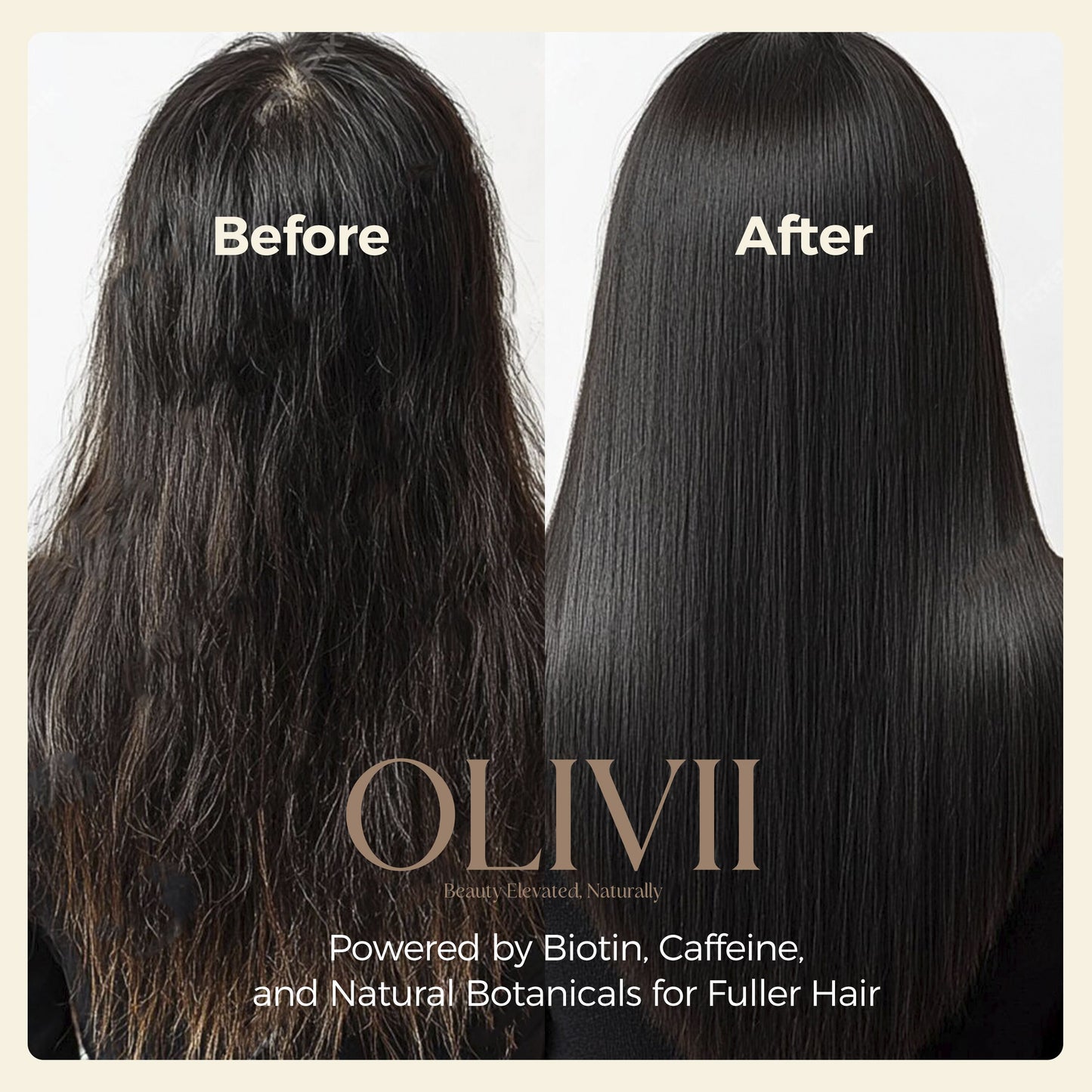 Before and after comparison of hair treatment with OLIVII shampoo.