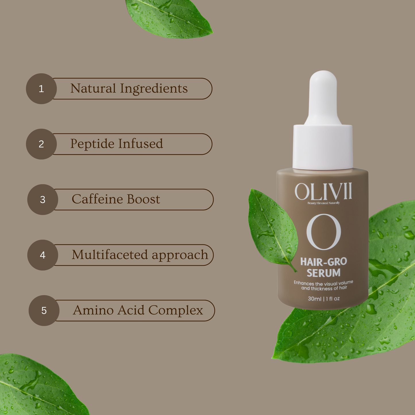 OLIVII hair serum bottle with green leaves on a beige background