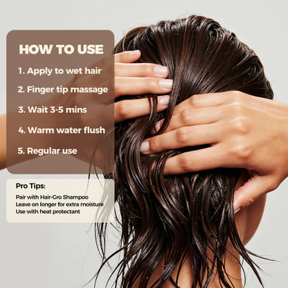 Person with wet hair being massaged, with instructions on how to use a product.