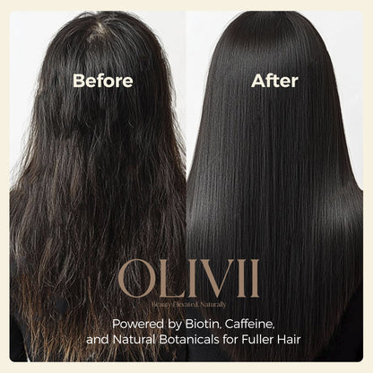 Before and after comparison of hair treatment with OLIVII shampoo.
