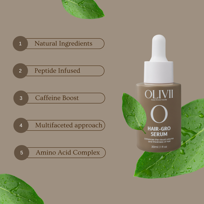 OLIVII hair serum bottle with green leaves on a beige background